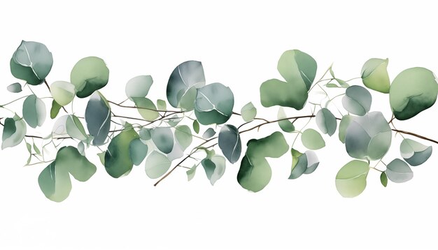 Watercolor card of green branches isolated white background