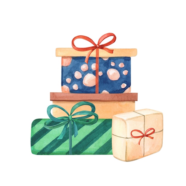 활 밝은 수채화 휴일 다채로운 선물 상자와 수채화 카드