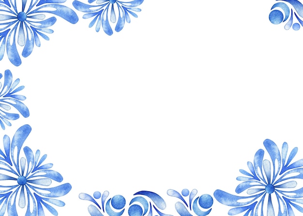 watercolor card with folk ethnic floral motifs hand drawn blue stylized flowers