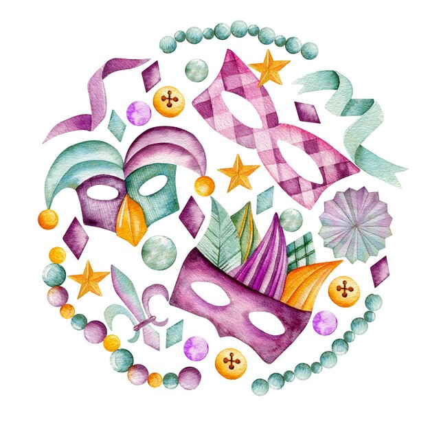 Watercolor carnival symbols omposition in a circle of masks beads ribbons fleur de lis and bells