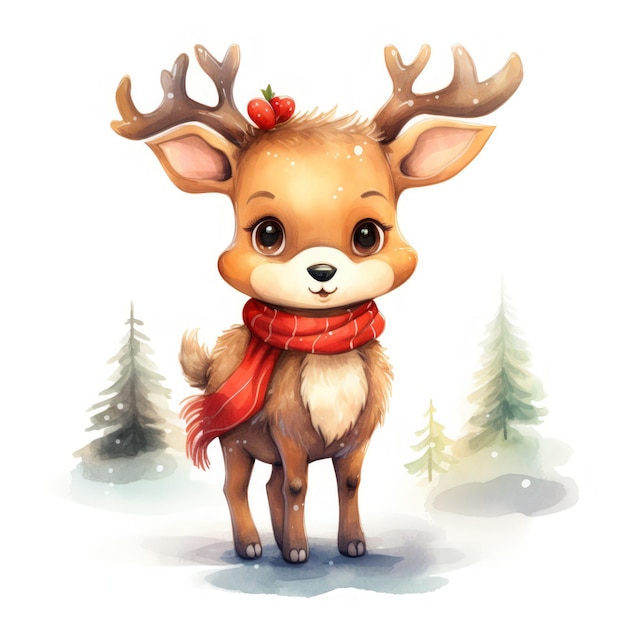 watercolor cartoon character christmas deer