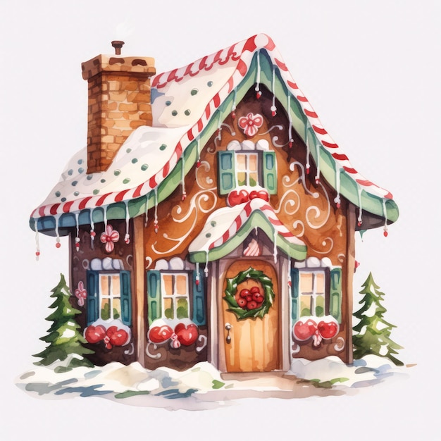 watercolor cartoon christmas ginger house isolated
