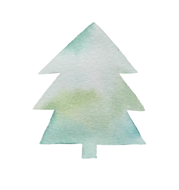 Watercolor cartoon christmas tree silhouette Hand drawn illustration in blue green colors