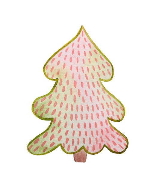 Watercolor cartoon christmas tree with needles Hand drawn illustration in pink green colors