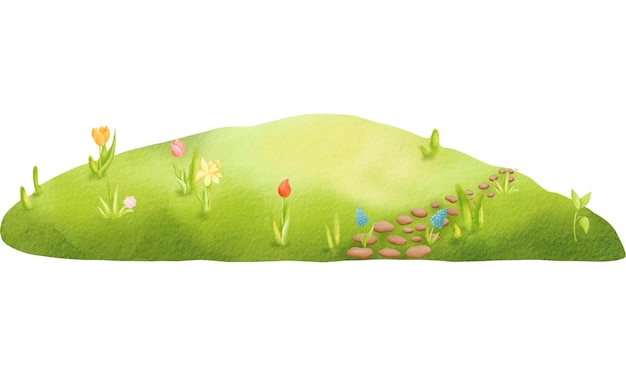 Watercolor cartoon composition green spring or summer lawn with bright flowers stone path