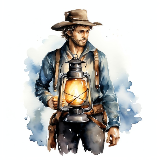 watercolor cartoon Cowboy with a lantern searching in the dark western wild west cowboy desert