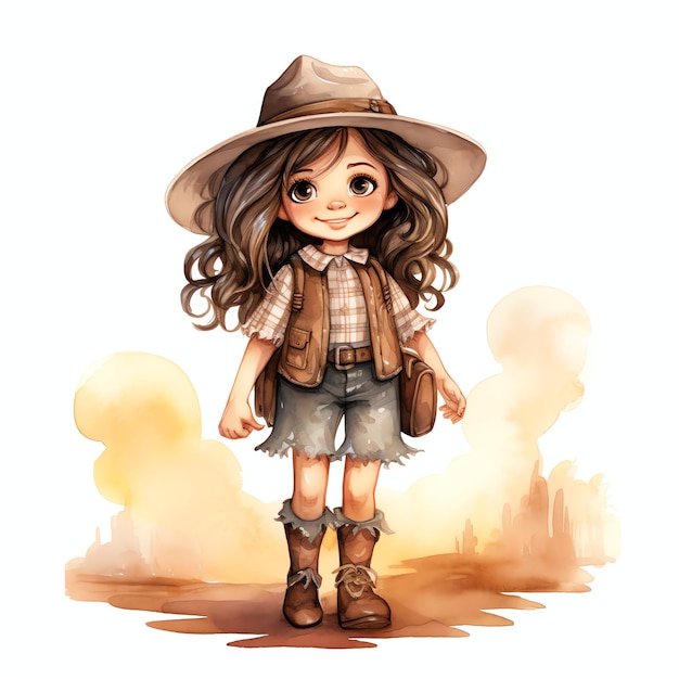 watercolor cartoon girl western wild west cowboy desert illustration clipart