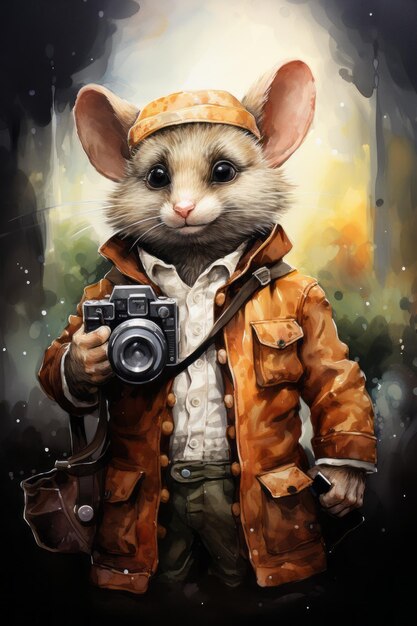 Watercolor cartoon illustration of a vintage hipster armadillo with a camera