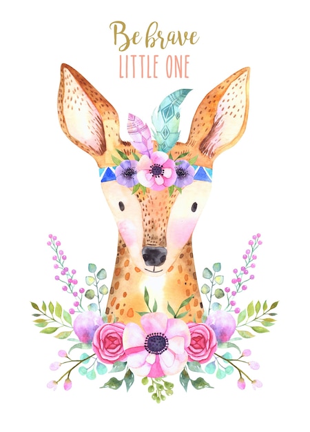 Watercolor cartoon isolated cute baby deer animal with flowers