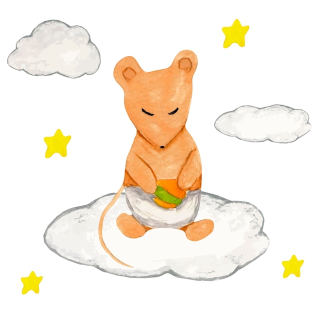 Watercolor cartoon mouse with ball sitting on a cloud in the\
sky stars for baby showerdecor print