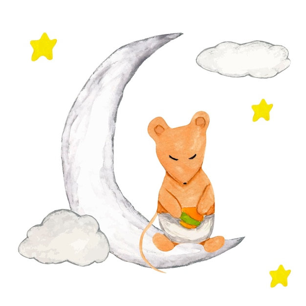 Watercolor cartoon mouse with ball sitting on the moon in the sky stars for baby showerdecor print