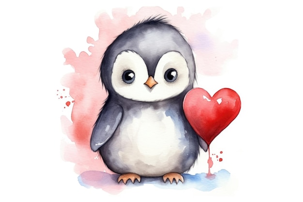 Фото Акварельный мультфильм пингвин с красным сердцем на белом фоне