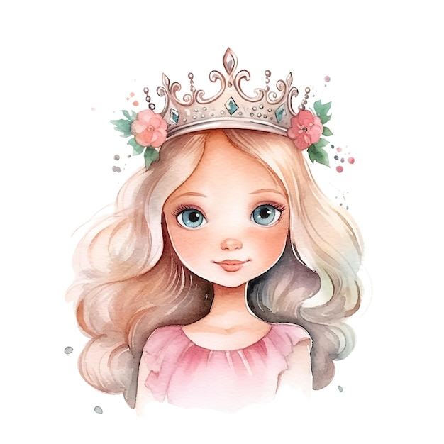 Watercolor cartoon princess blond hair crown white background for card or invitation Generated AI