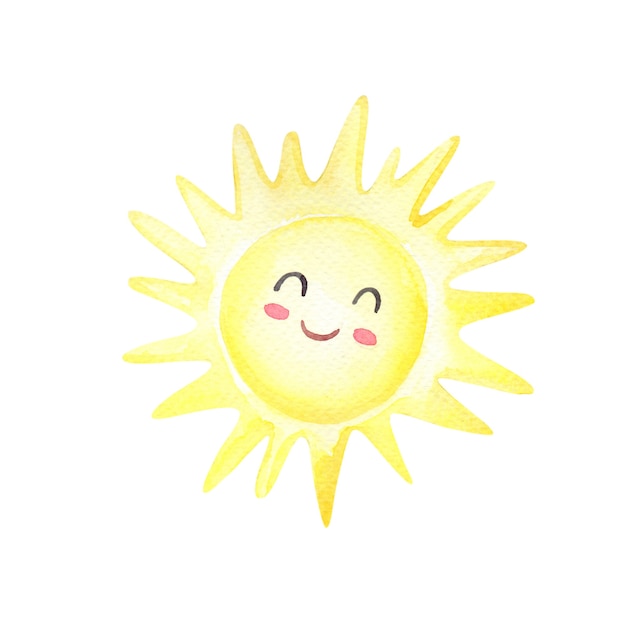 Watercolor cartoon sun on a white