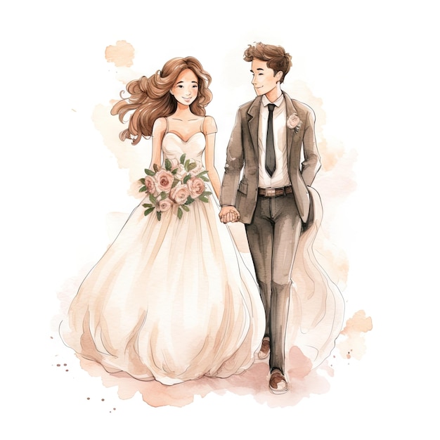 Watercolor cartoon wedding couple in white background