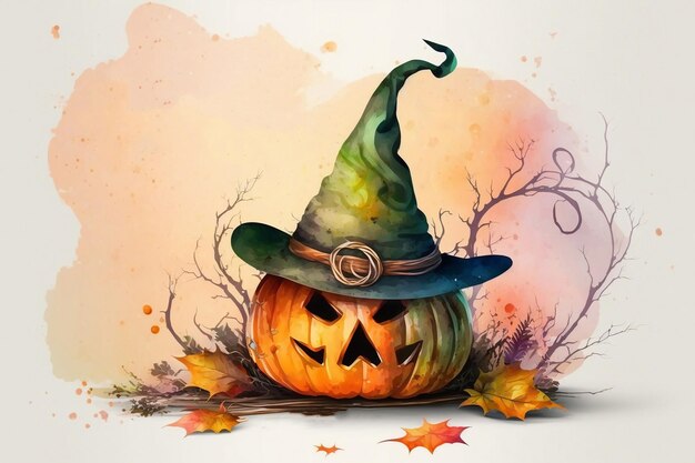 Фото Акварельная резьба тыквы с шляпой ведьмы на хэллоуин генеративный ии