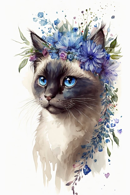 Watercolor cat blue point neva masquerade breed Flower Crown