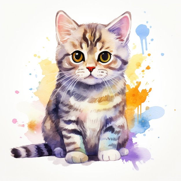Watercolor cat clip art on white background