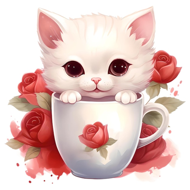 Watercolor Cat in Cup Clipart