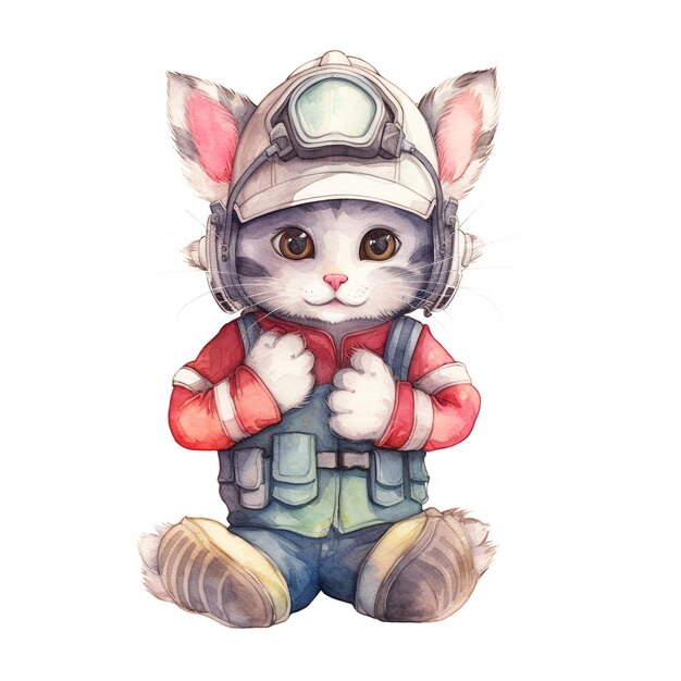 Watercolor cat firefighter drawing