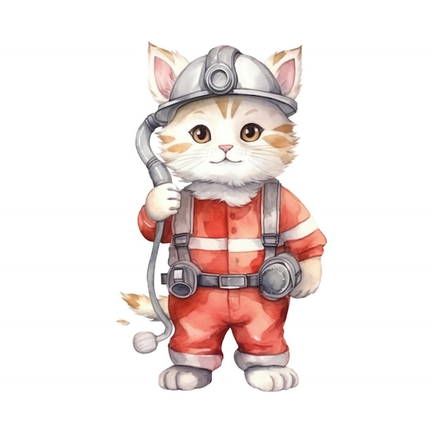 Watercolor Cat Firefighter Drawing