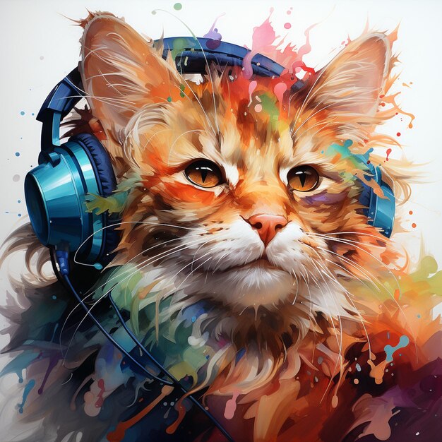 Watercolor cat listening a music Cute ginger cat in headphones