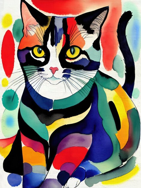 Watercolor Cat Portrait Acrylic Painting Colorful Feline Animal