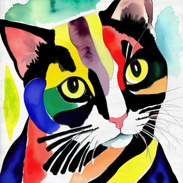 Photo watercolor cat portrait colorful feline painting