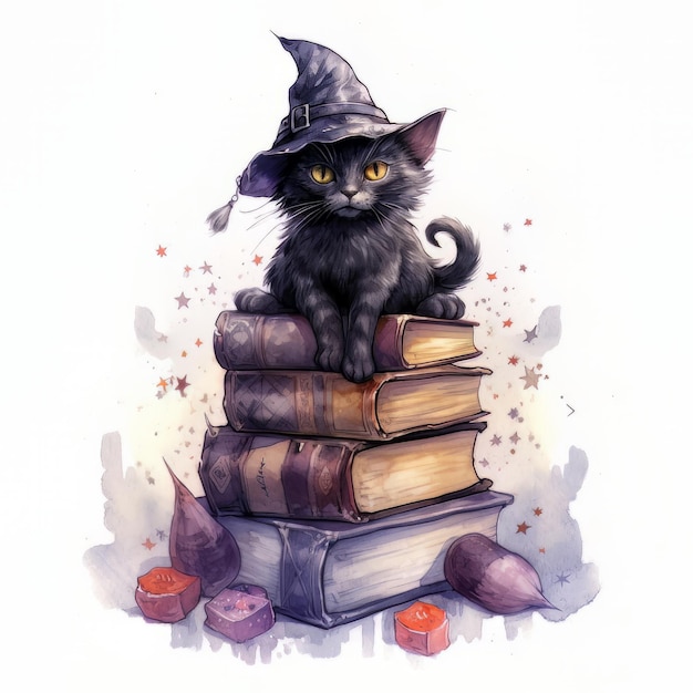 watercolor cat witch character with spell books