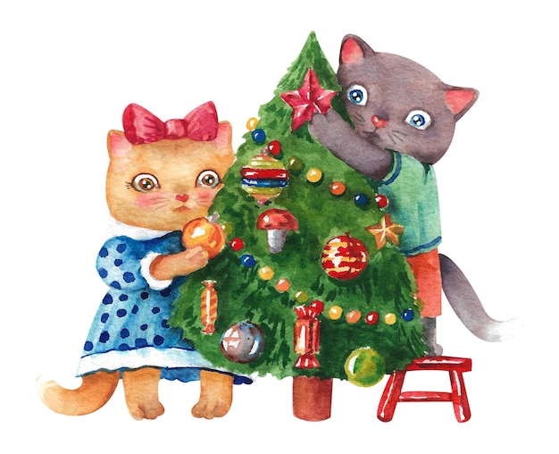 Watercolor cats Cartoon cats in beautiful dresses decorate the Christmas tree