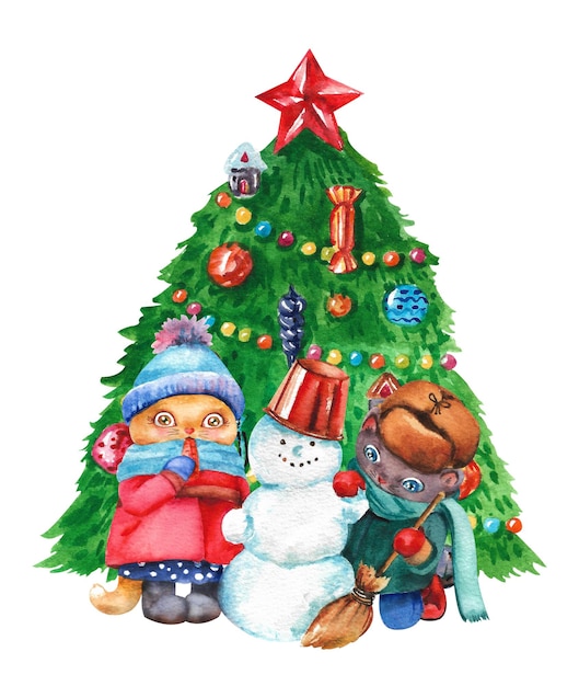 Watercolor cats Cartoon cats in winter clothes on the background of a Christmas tree with a snowman