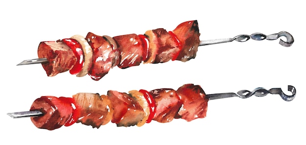 Watercolor Caucasian barbecue Shish kebab on two skewers with vegetables on a white background