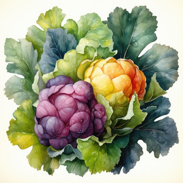 Photo watercolor cauliflower clipart illustration generative ai