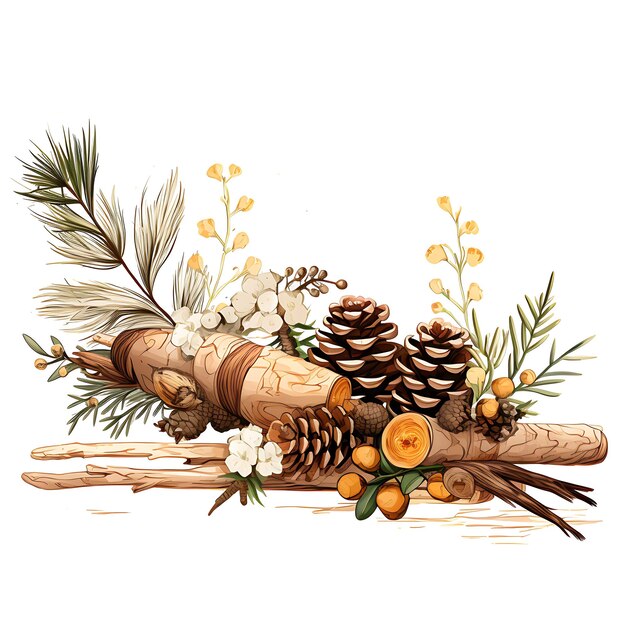 Cruc 성금요일 부활절 예술을 숙고하는 삼나무 원뿔과 자작나무 껍질 두루마리 장식의 수채화