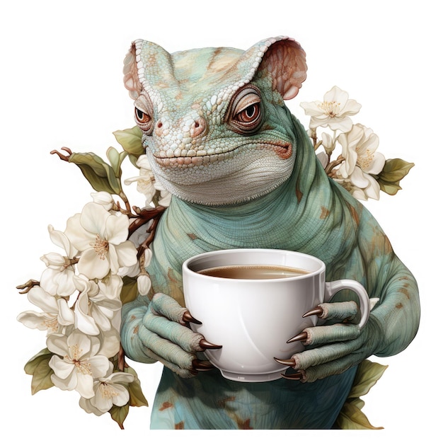 Watercolor Chameleon Tea Clipart illustration Generative Ai