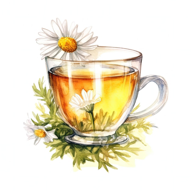 Watercolor chamomile tea Illustration AI GenerativexA