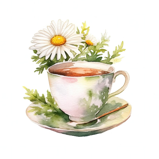 Watercolor chamomile tea Illustration AI GenerativexD