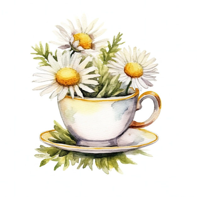 Watercolor chamomile tea Illustration AI GenerativexD