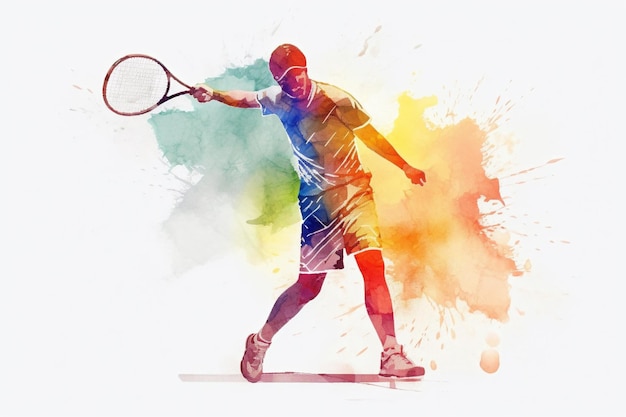 Photo watercolor character making tennis forehand swing on white background created with generative ai