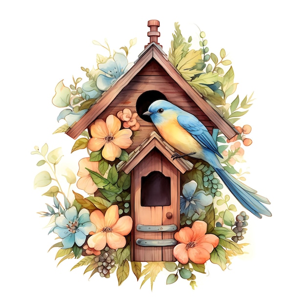 Watercolor of a Charming Birdhouse Its Rustic Wooden Exterio Home Accents on White Back Ground