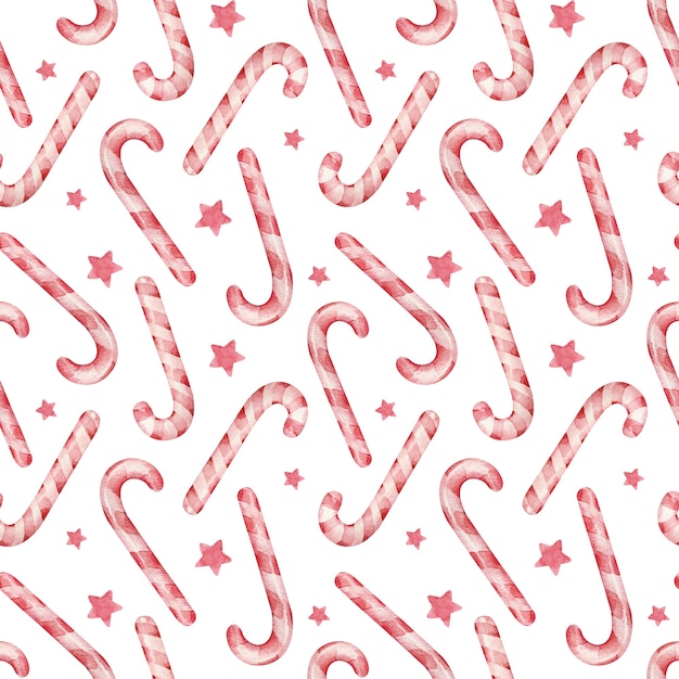 watercolor cheerful red candy cane background. christmas hand-drawn sweets and stars. 