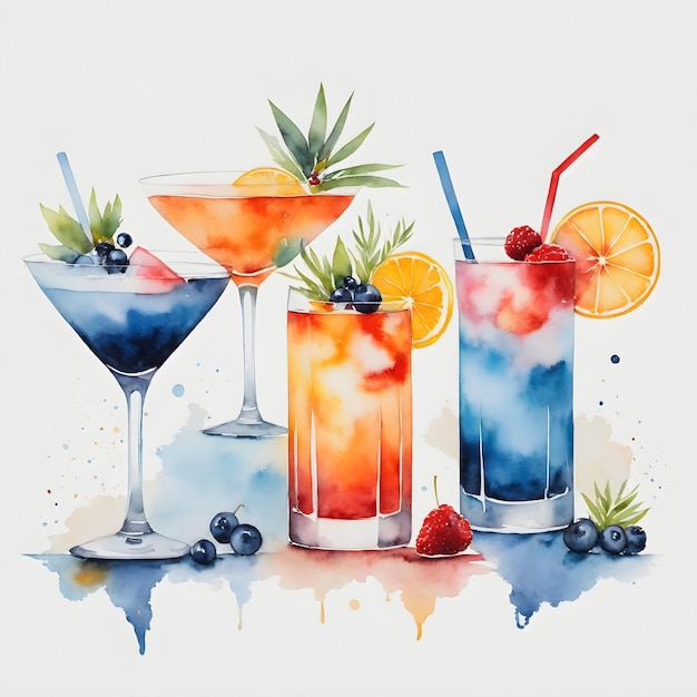 Watercolor Cheers Vibrant Cocktail Collection on a Clean White Canvas