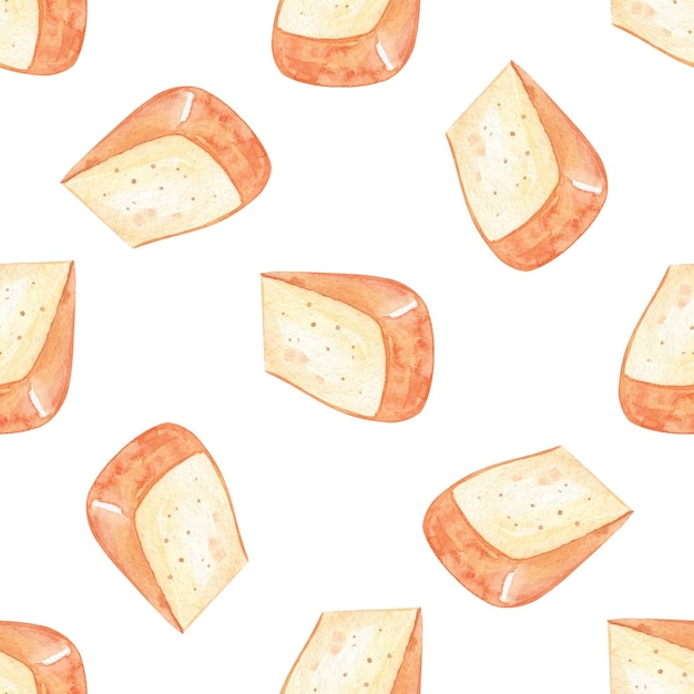 Watercolor cheese pieces seamless pattern on white background