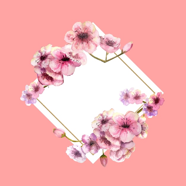 Watercolor cherry blossom, Sakura Branch with pink flowers in gold frame with pink background.