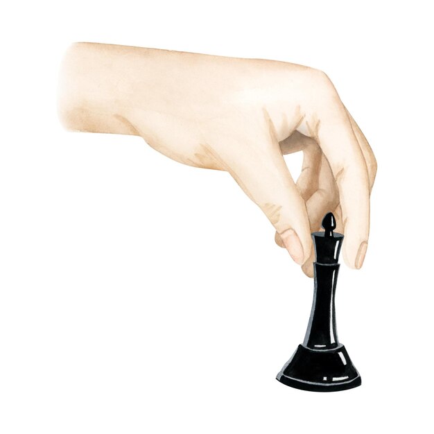 Watercolor chess player hand making move with black queen illustration for board game designs