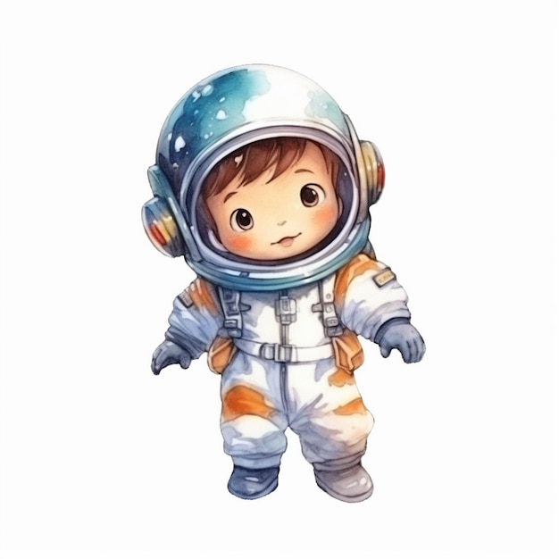 Watercolor of chibi a astronaut baby dynamic pose white isolated background