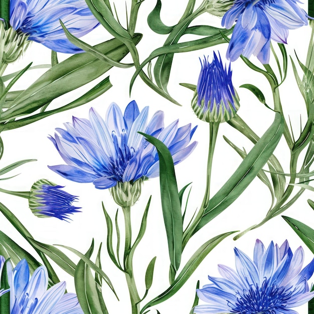 Watercolor chicory flower with leaves seamless pattern