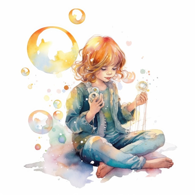 watercolor of Child playing bubbles