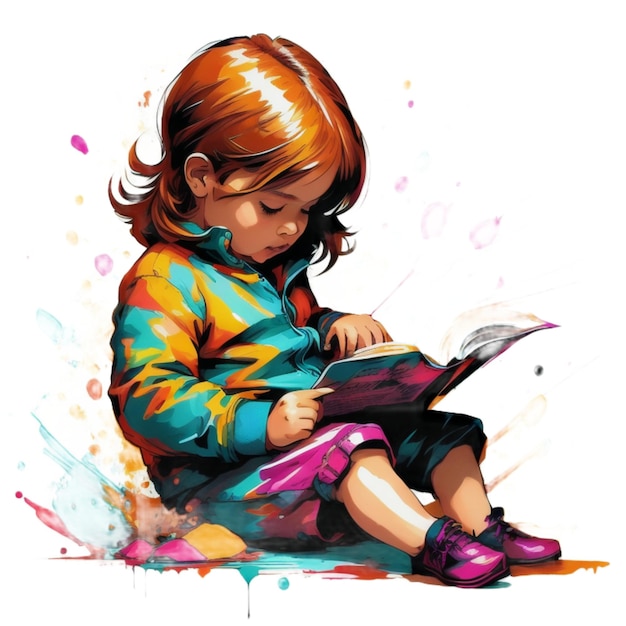 Watercolor a child reading a book