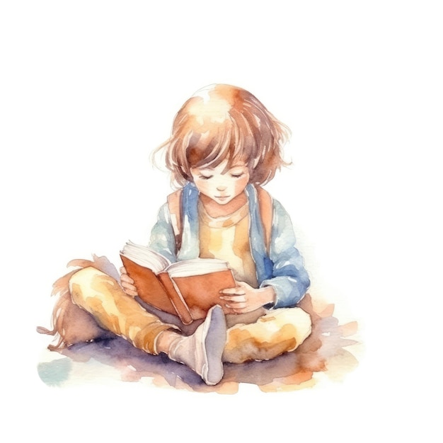 Акварель ребенка, читающего книгу